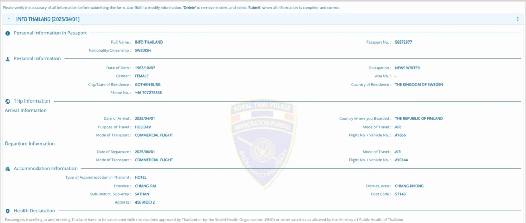 Exempel på ifyllt Thailand Digital Arrival Card (TDAC) med resenärsinformation.